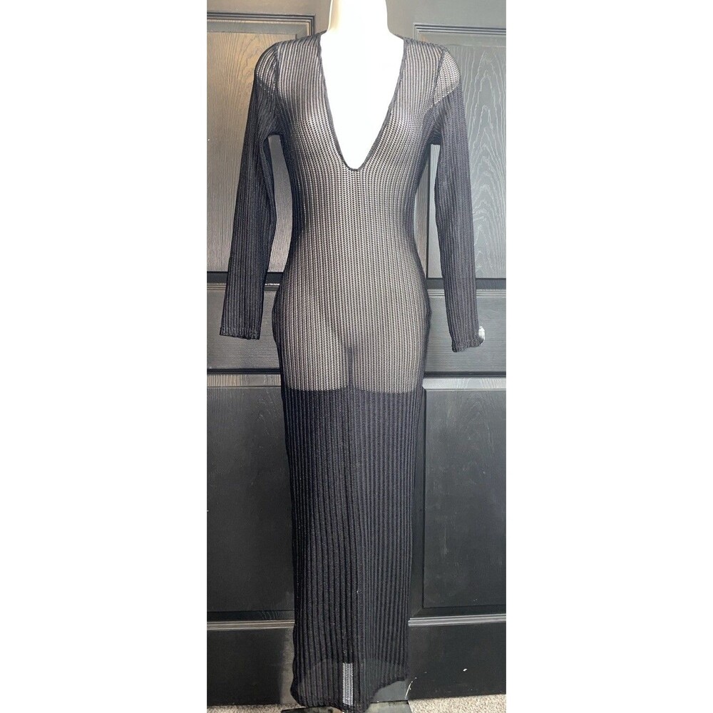 ICON SWIM Black Sheer Ribbed Knit Maxi Dress S V-Neck Cover Up Beach Y2K